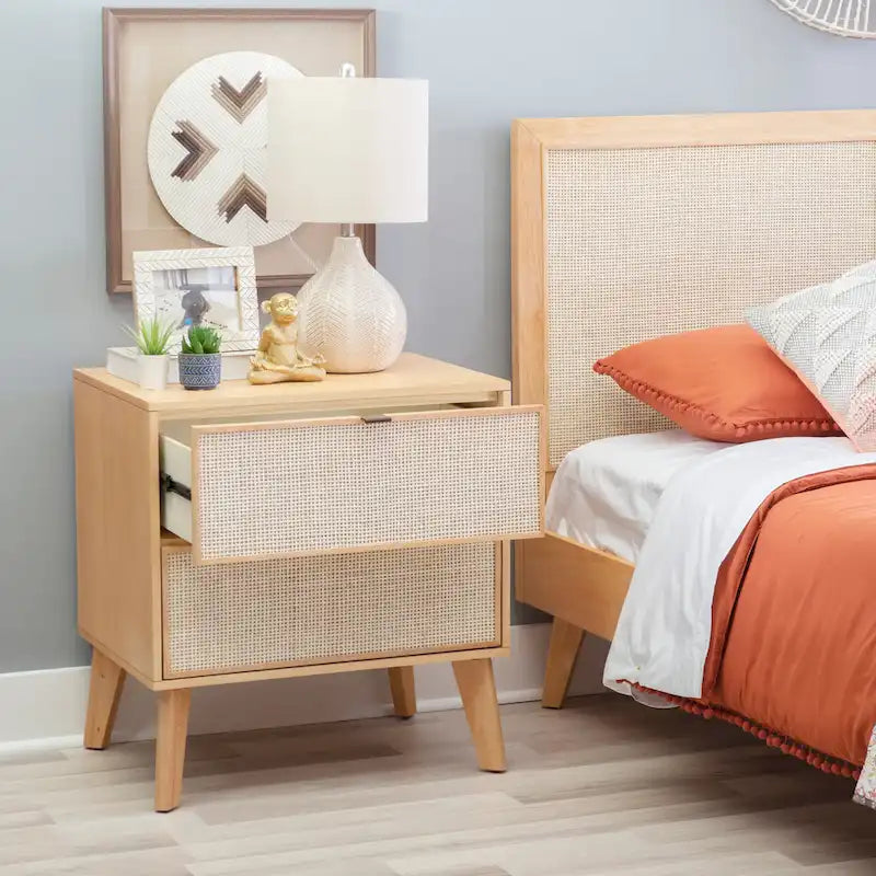 2-Drawer Wooden & Cane Mid-Century Nightstand