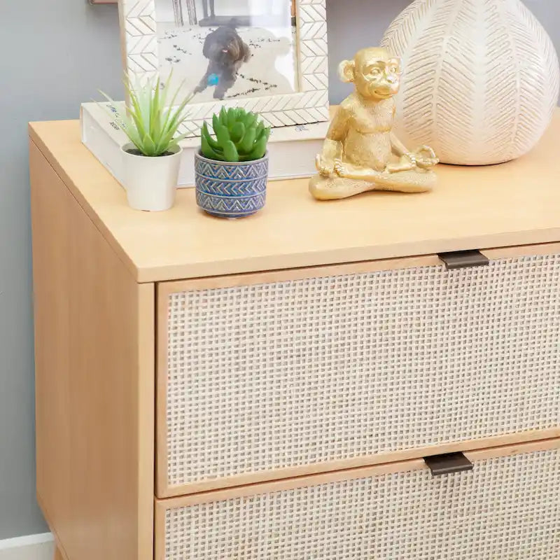 2-Drawer Wooden & Cane Mid-Century Nightstand