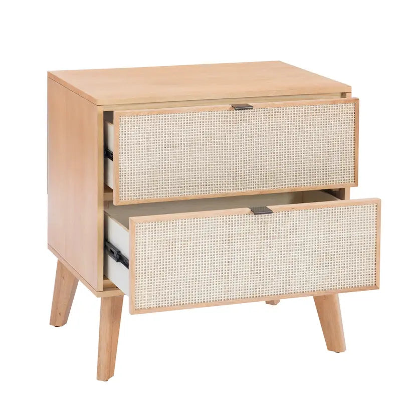 2-Drawer Wooden & Cane Mid-Century Nightstand