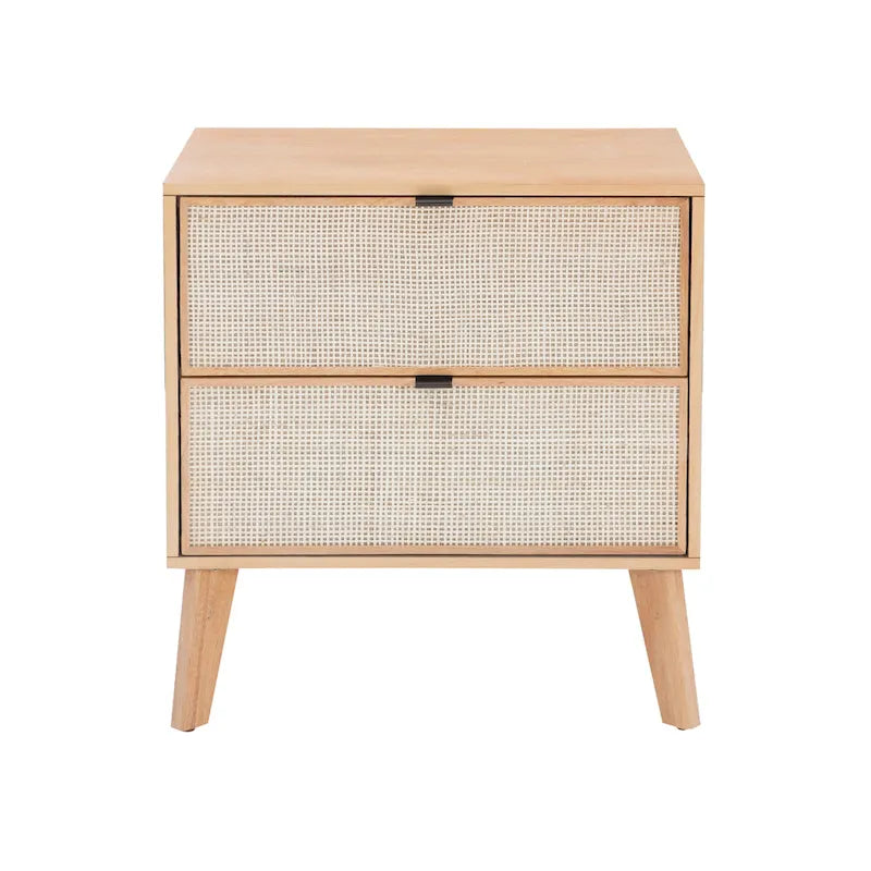 2-Drawer Wooden & Cane Mid-Century Nightstand