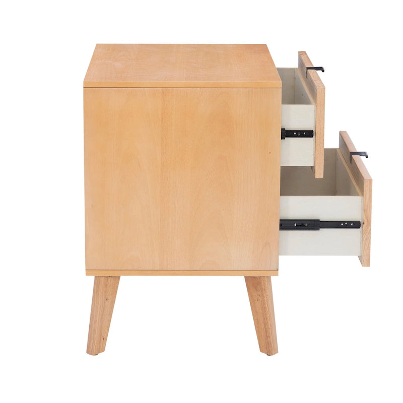 2-Drawer Wooden & Cane Mid-Century Nightstand