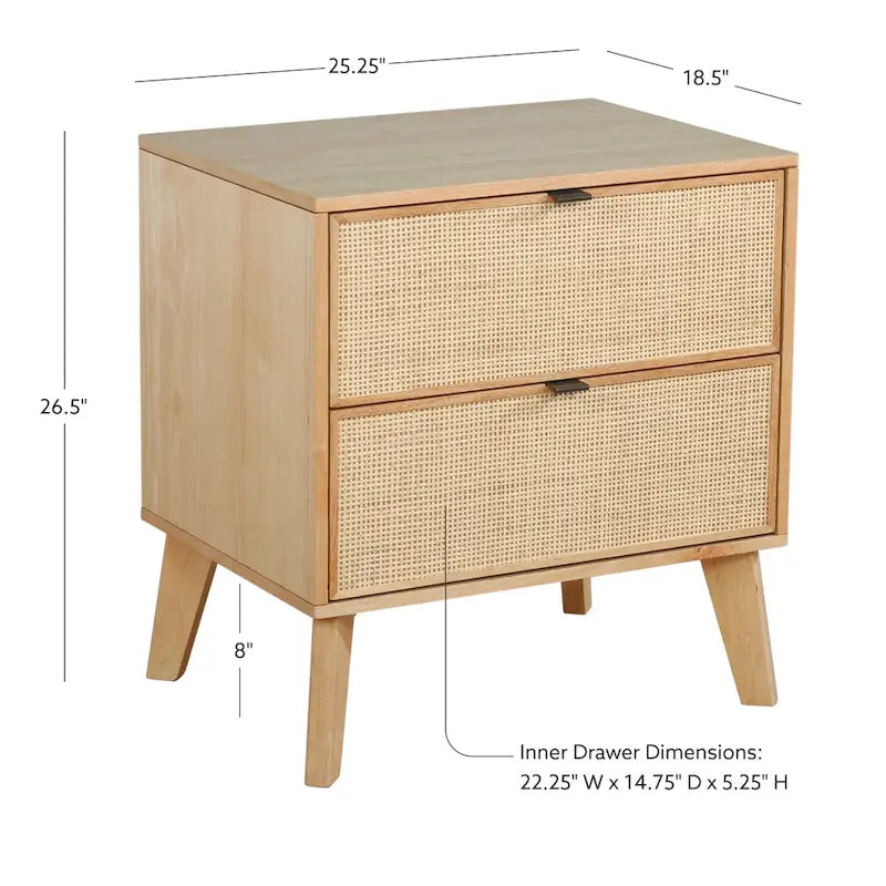 2-Drawer Wooden & Cane Mid-Century Nightstand