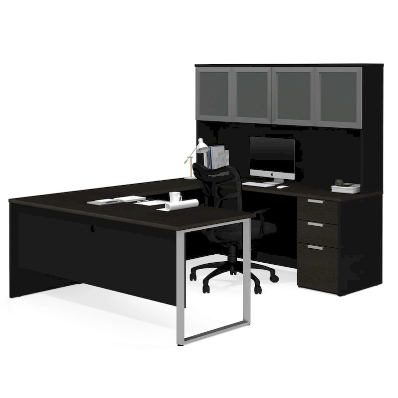 U-Shaped Office Desk with Frosted Glass Door Hutch