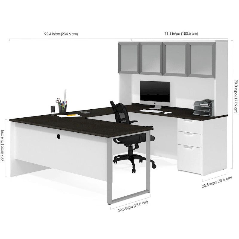 U-Shaped Office Desk with Frosted Glass Door Hutch