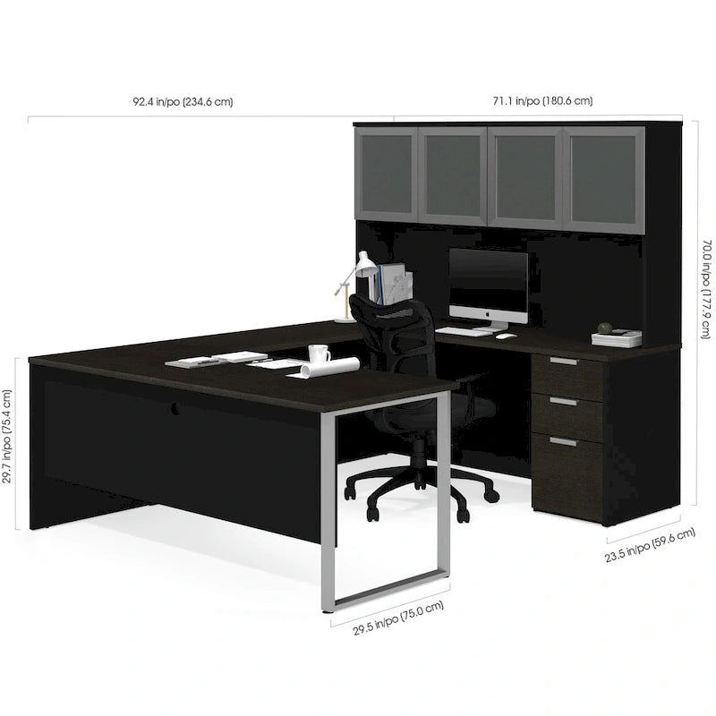 U-Shaped Office Desk with Frosted Glass Door Hutch