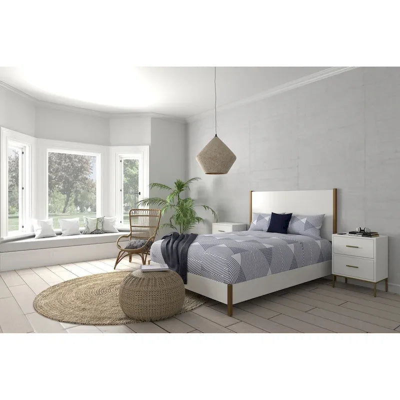 White Upholstered Wood Panel Bed with Gold Legs