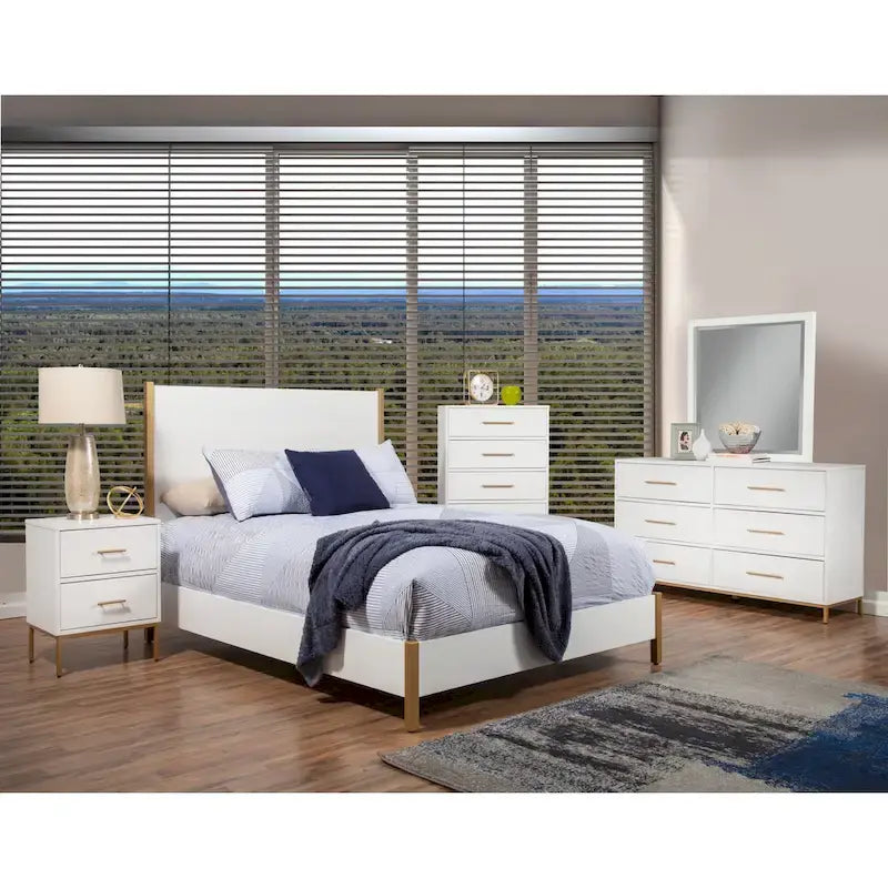 White Upholstered Wood Panel Bed with Gold Legs