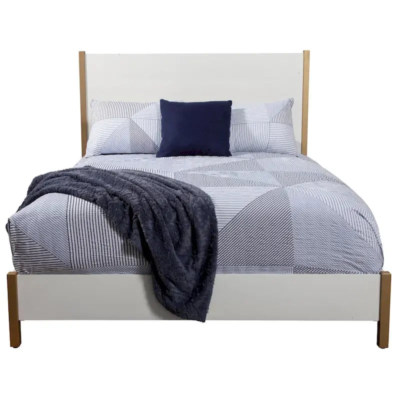 White Upholstered Wood Panel Bed with Gold Legs