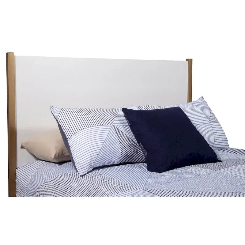 White Upholstered Wood Panel Bed with Gold Legs