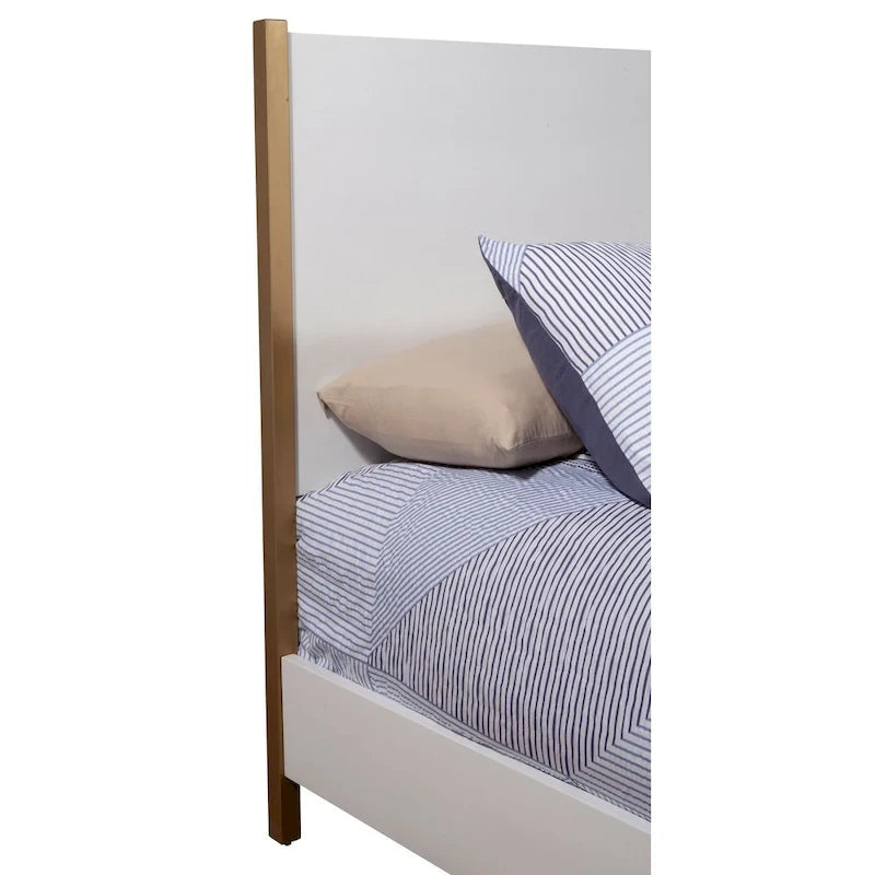 White Upholstered Wood Panel Bed with Gold Legs