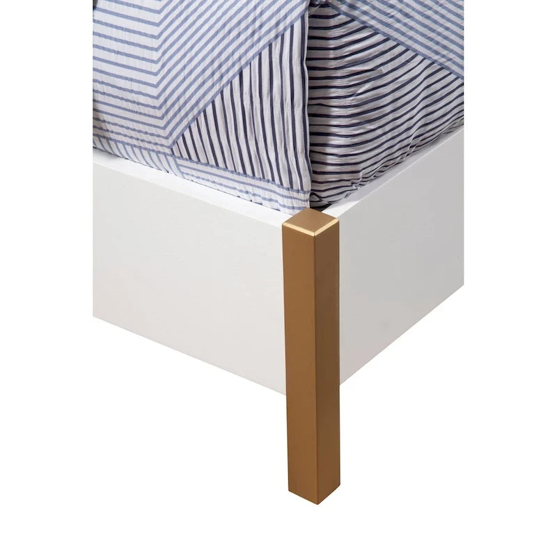 White Upholstered Wood Panel Bed with Gold Legs