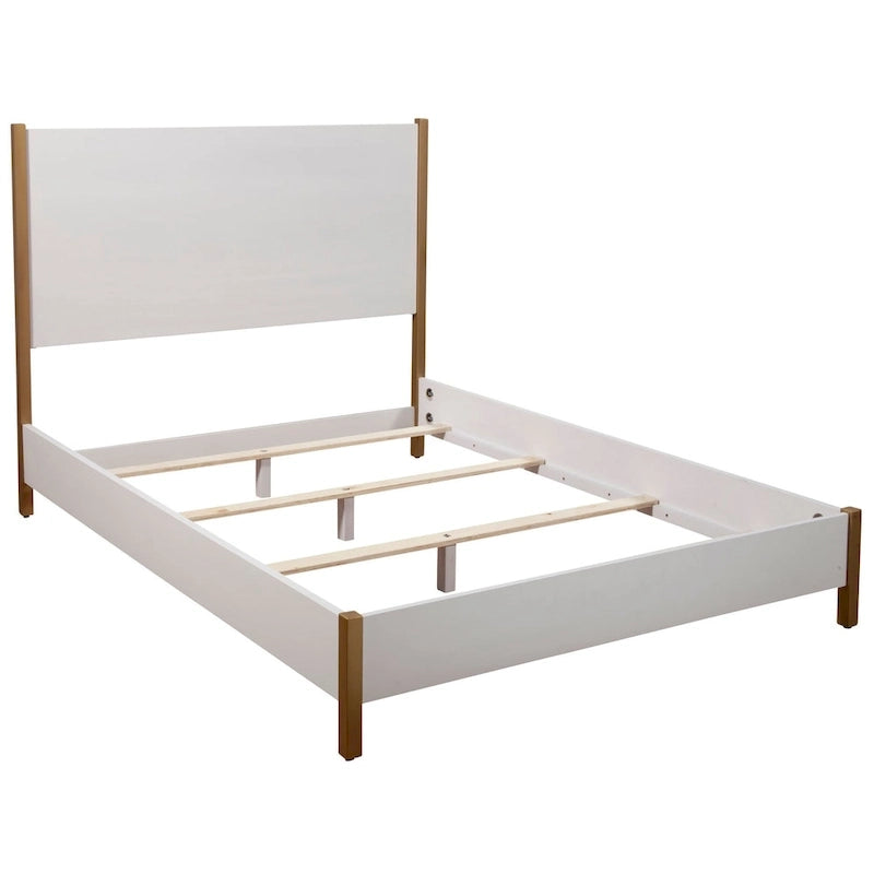 White Upholstered Wood Panel Bed with Gold Legs