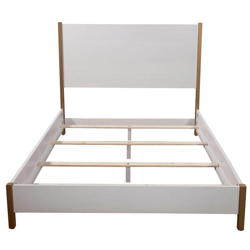 White Upholstered Wood Panel Bed with Gold Legs