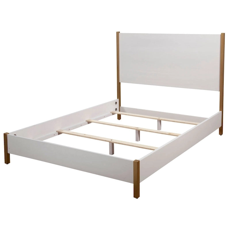 White Upholstered Wood Panel Bed with Gold Legs