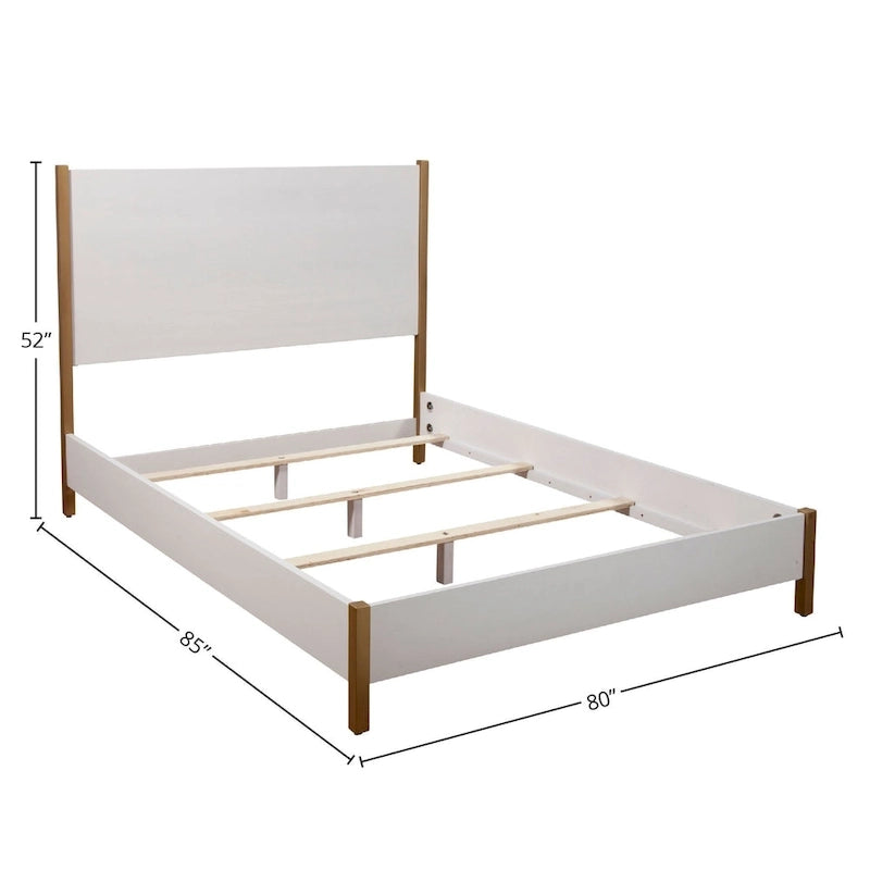 White Upholstered Wood Panel Bed with Gold Legs