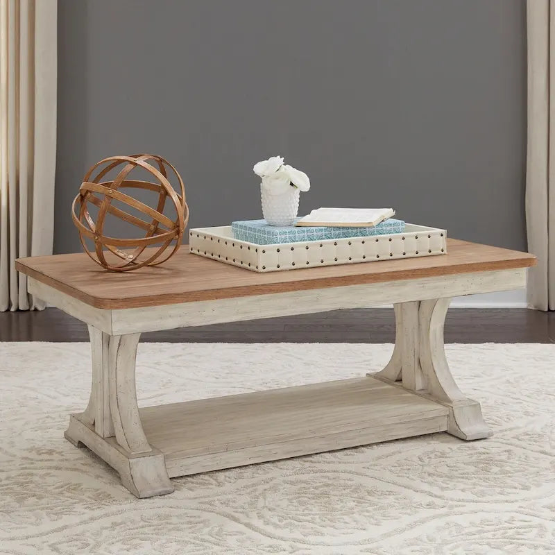 Antique White & Chestnut Rectangular Cocktail Table with Casters