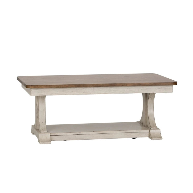 Antique White & Chestnut Rectangular Cocktail Table with Casters