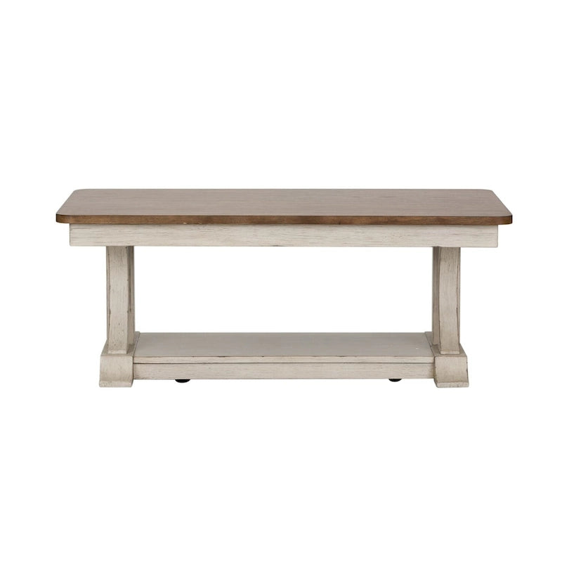 Antique White & Chestnut Rectangular Cocktail Table with Casters