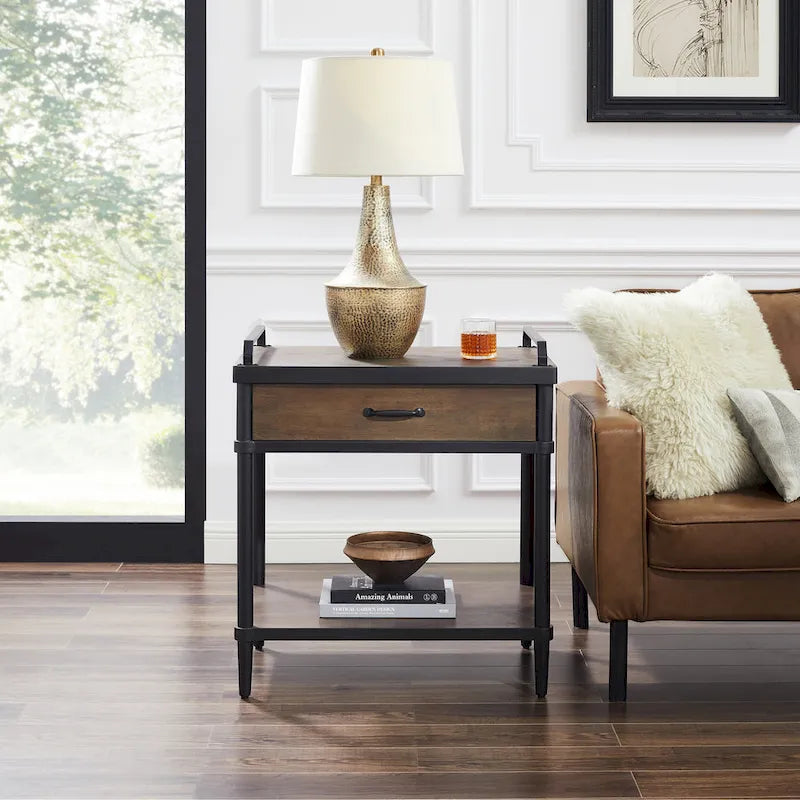 Mid-Century Wood Side End Table with Drawer