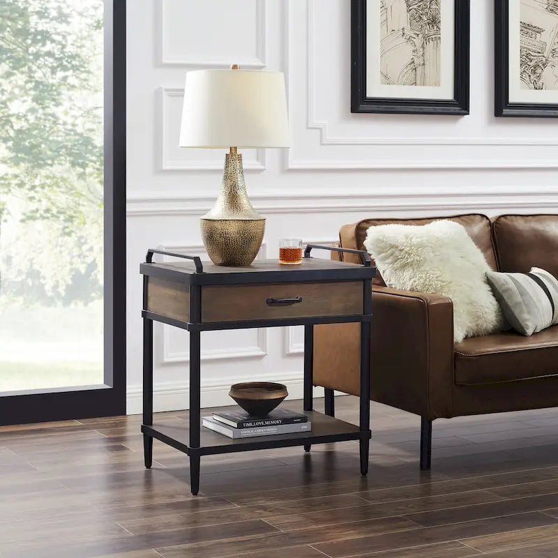 Mid-Century Wood Side End Table with Drawer