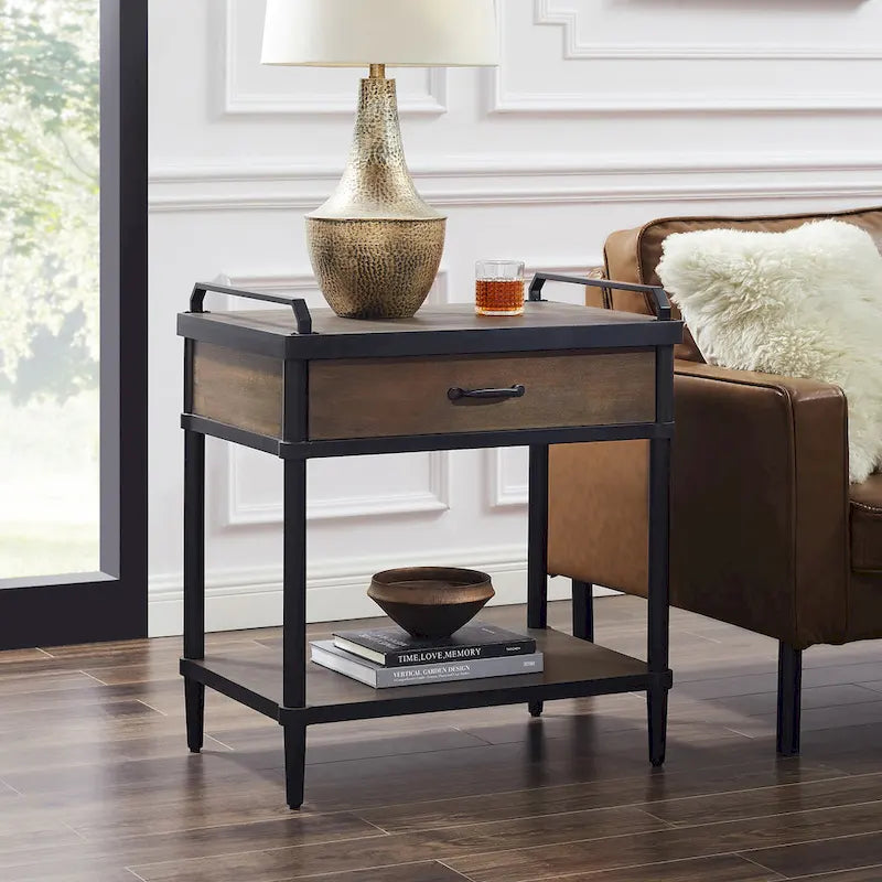 Mid-Century Wood Side End Table with Drawer