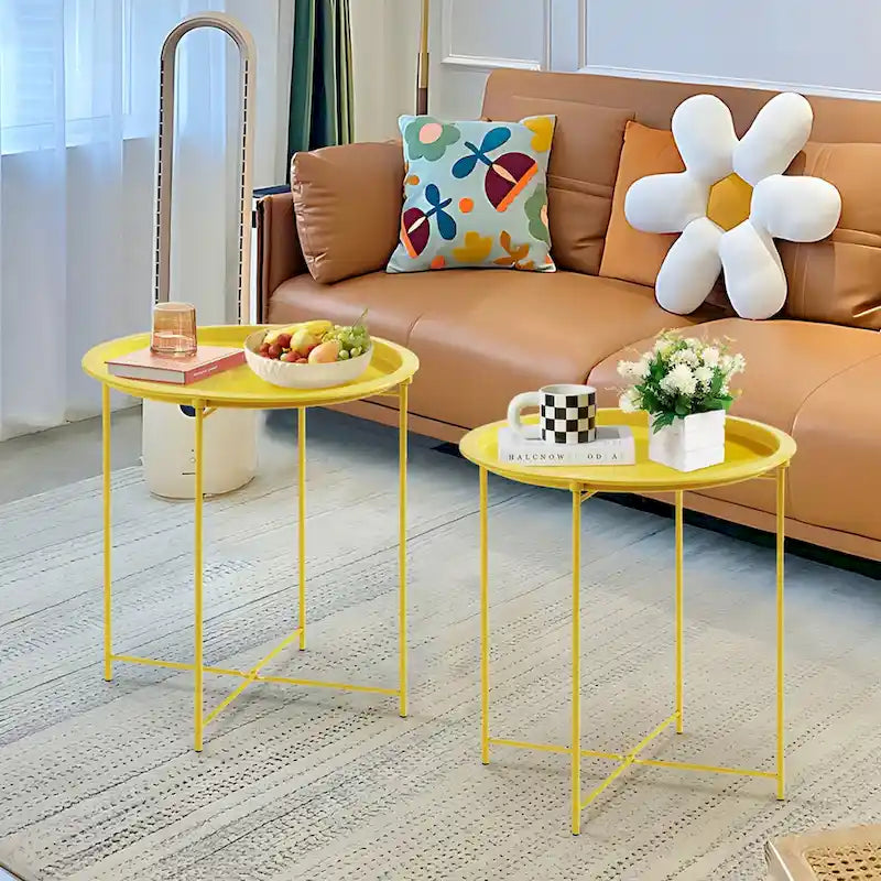 Folding Round Metal Side Table, Anti-Rust & Waterproof