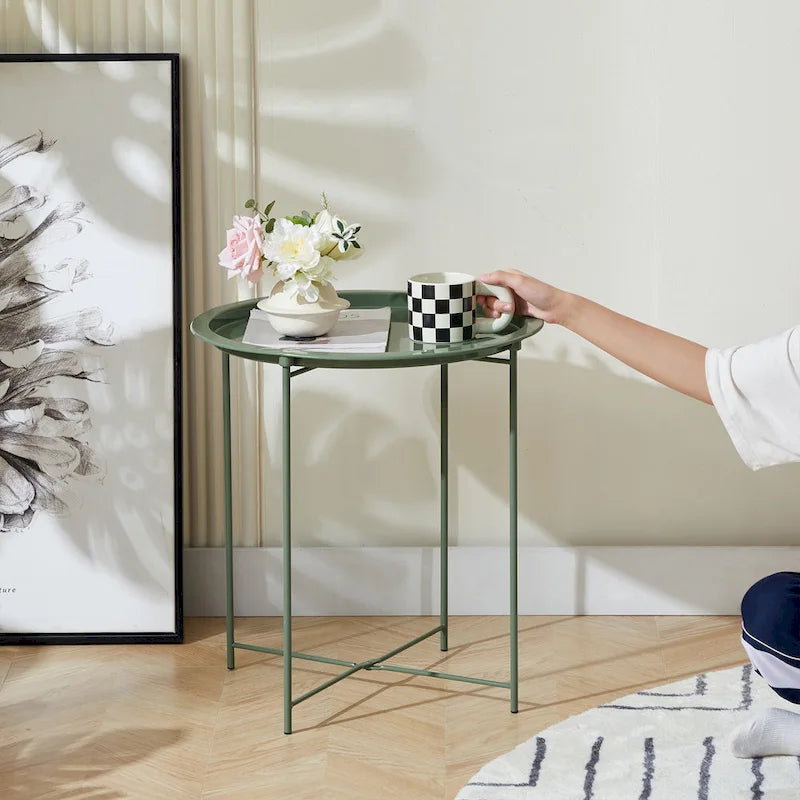 Folding Round Metal Side Table, Anti-Rust & Waterproof