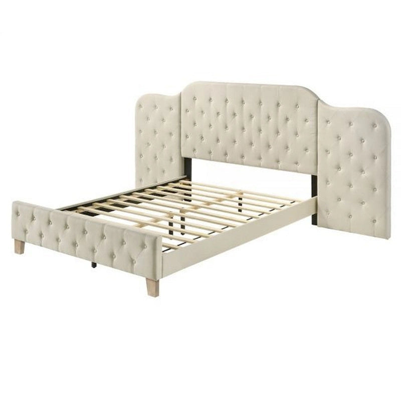 Queen Size Bed with Tufted Beige Linen Upholstered Headboard