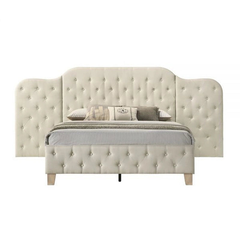 Queen Size Bed with Tufted Beige Linen Upholstered Headboard
