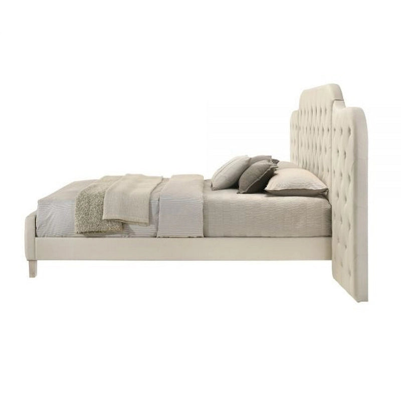 Queen Size Bed with Tufted Beige Linen Upholstered Headboard