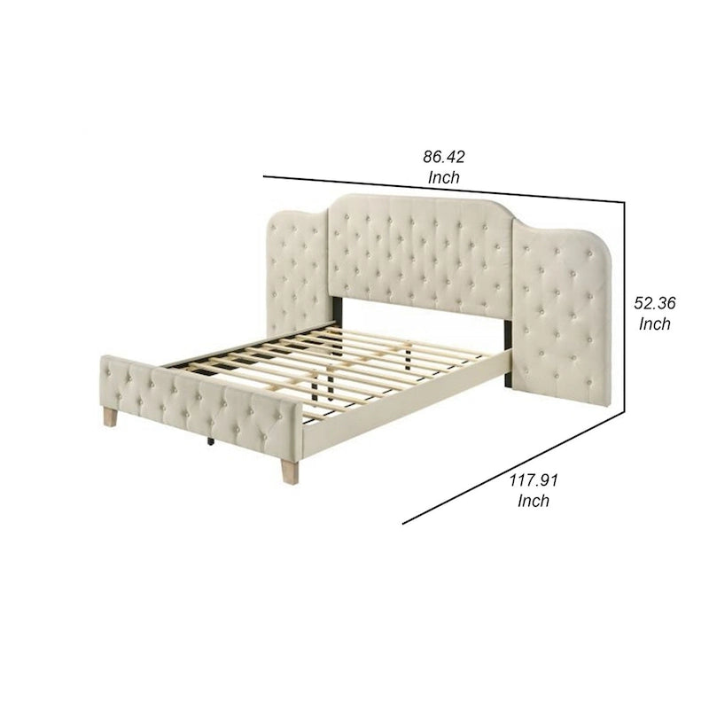Queen Size Bed with Tufted Beige Linen Upholstered Headboard