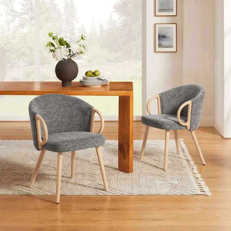 Modern Fabric Accent Dining Chair with Wood Armrests (Set of 2)