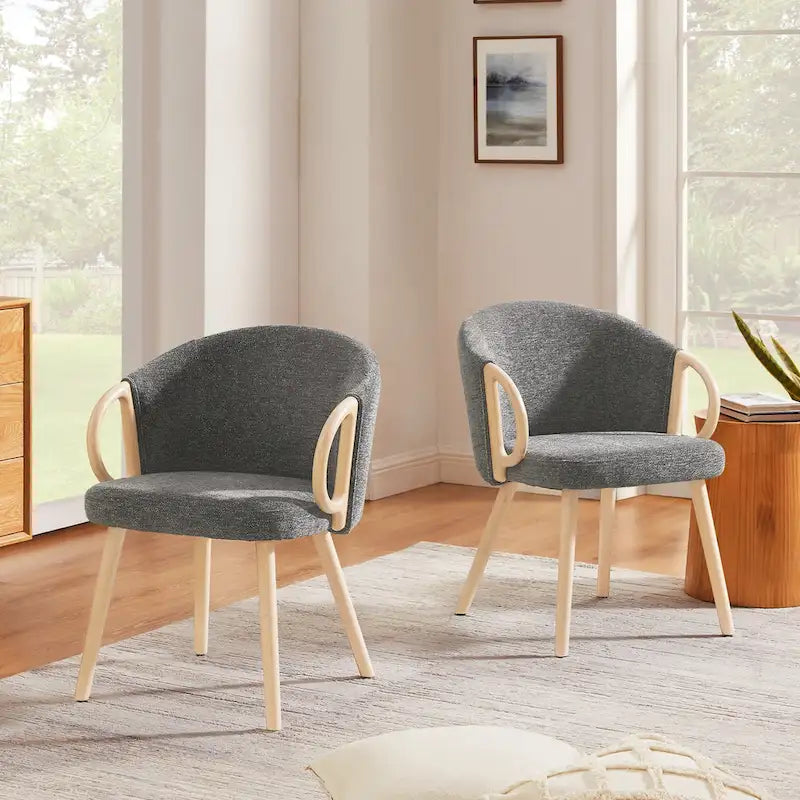 Modern Fabric Accent Dining Chair with Wood Armrests (Set of 2)