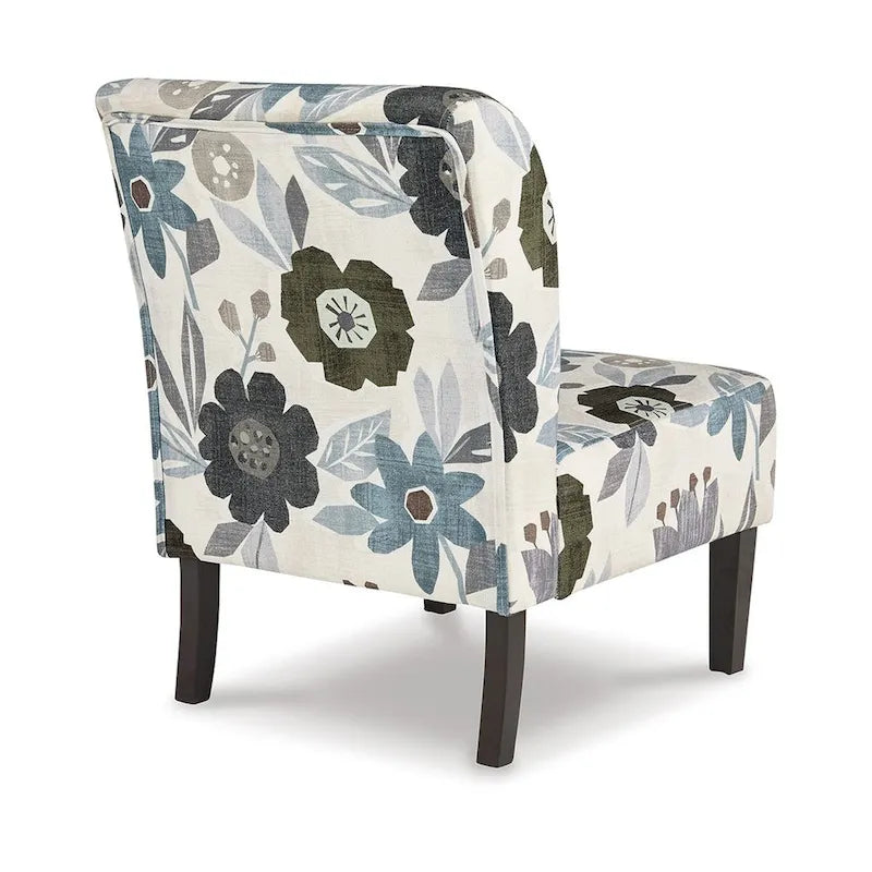 Floral Pattern Accent Chair, Ivory Gray, Black Wood