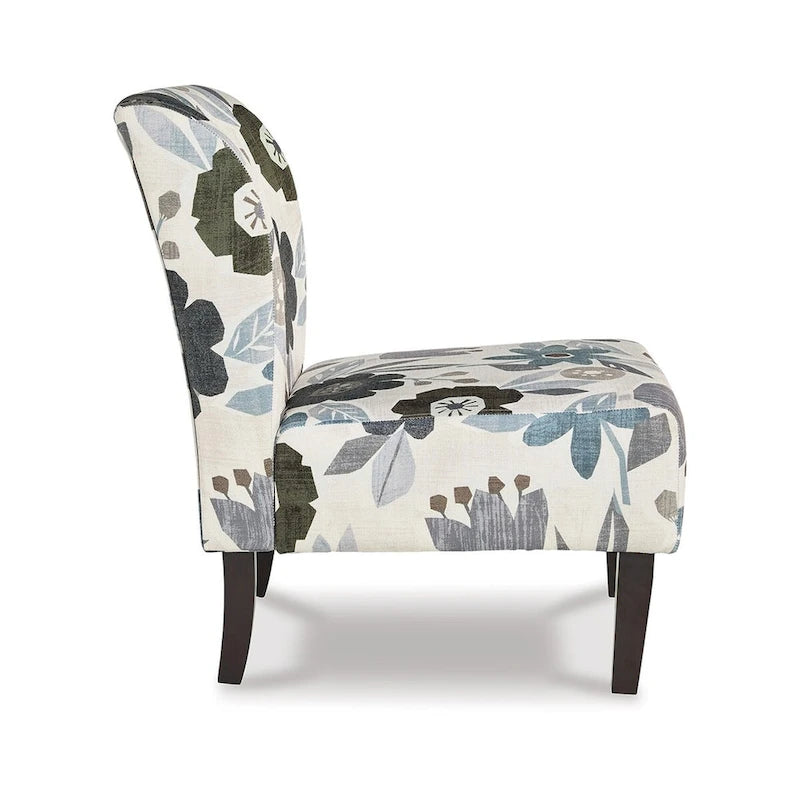 Floral Pattern Accent Chair, Ivory Gray, Black Wood