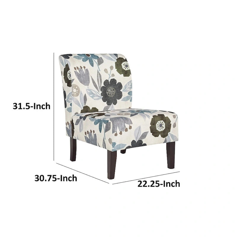 Floral Pattern Accent Chair, Ivory Gray, Black Wood