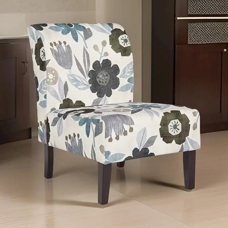 Floral Pattern Accent Chair, Ivory Gray, Black Wood
