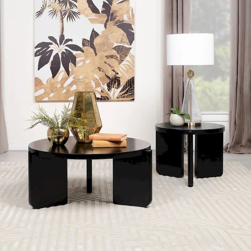 Black Round Coffee Table, Modern Slab Leg Design