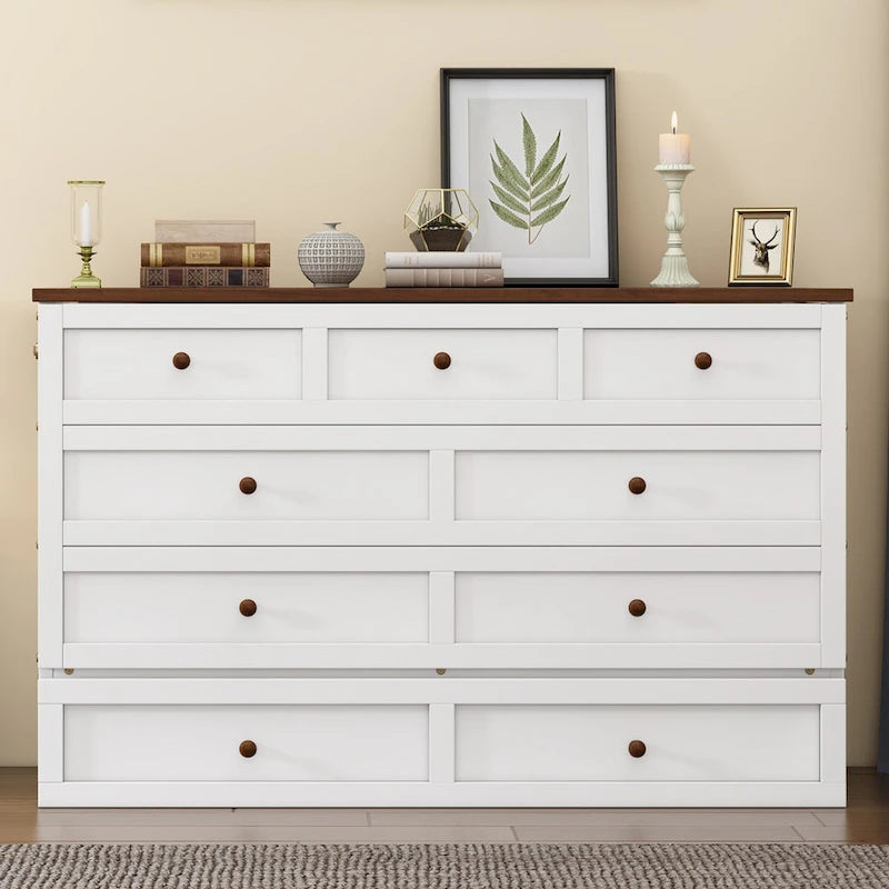 Solid Pine Murphy Bed Chest with Charging Station and Large Storage Drawer