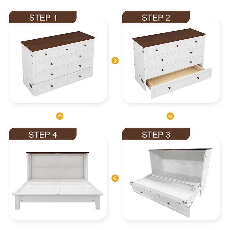 Solid Pine Murphy Bed Chest with Charging Station and Large Storage Drawer