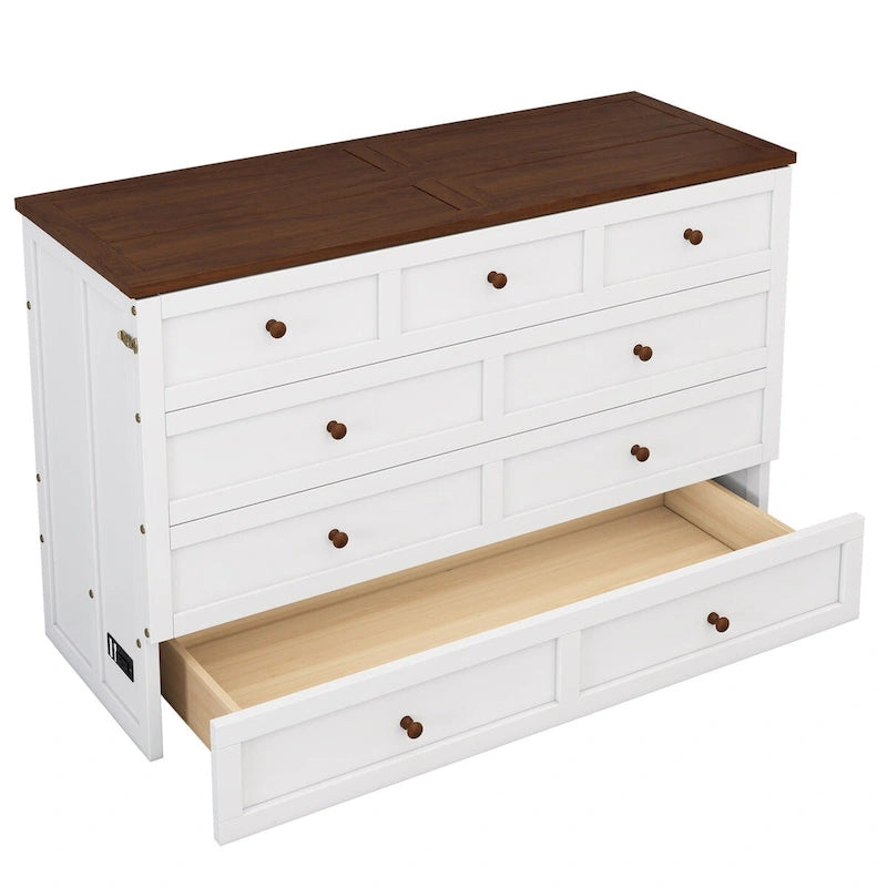 Solid Pine Murphy Bed Chest with Charging Station and Large Storage Drawer