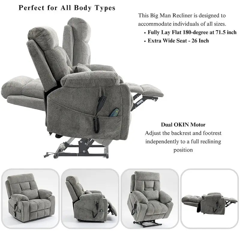 Oversize Dual Motor Massage Recliner w/Heat, Lift Sofa for Elderly, Cup Holder,180 degrees