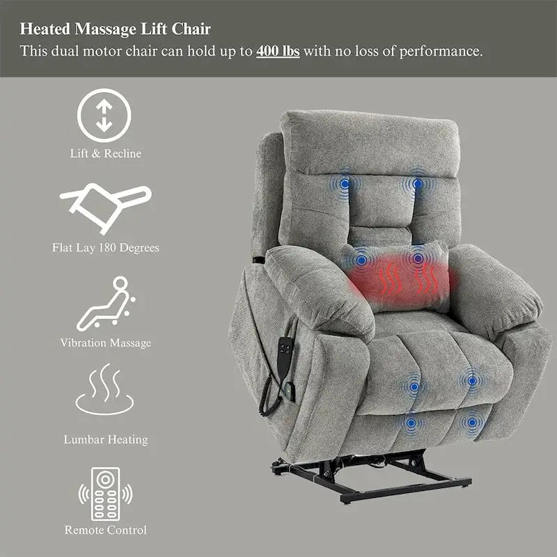 Oversize Dual Motor Massage Recliner w/Heat, Lift Sofa for Elderly, Cup Holder,180 degrees