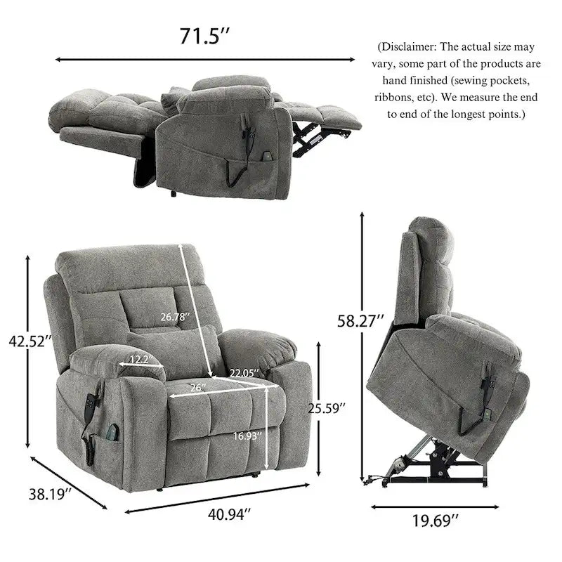 Oversize Dual Motor Massage Recliner w/Heat, Lift Sofa for Elderly, Cup Holder,180 degrees